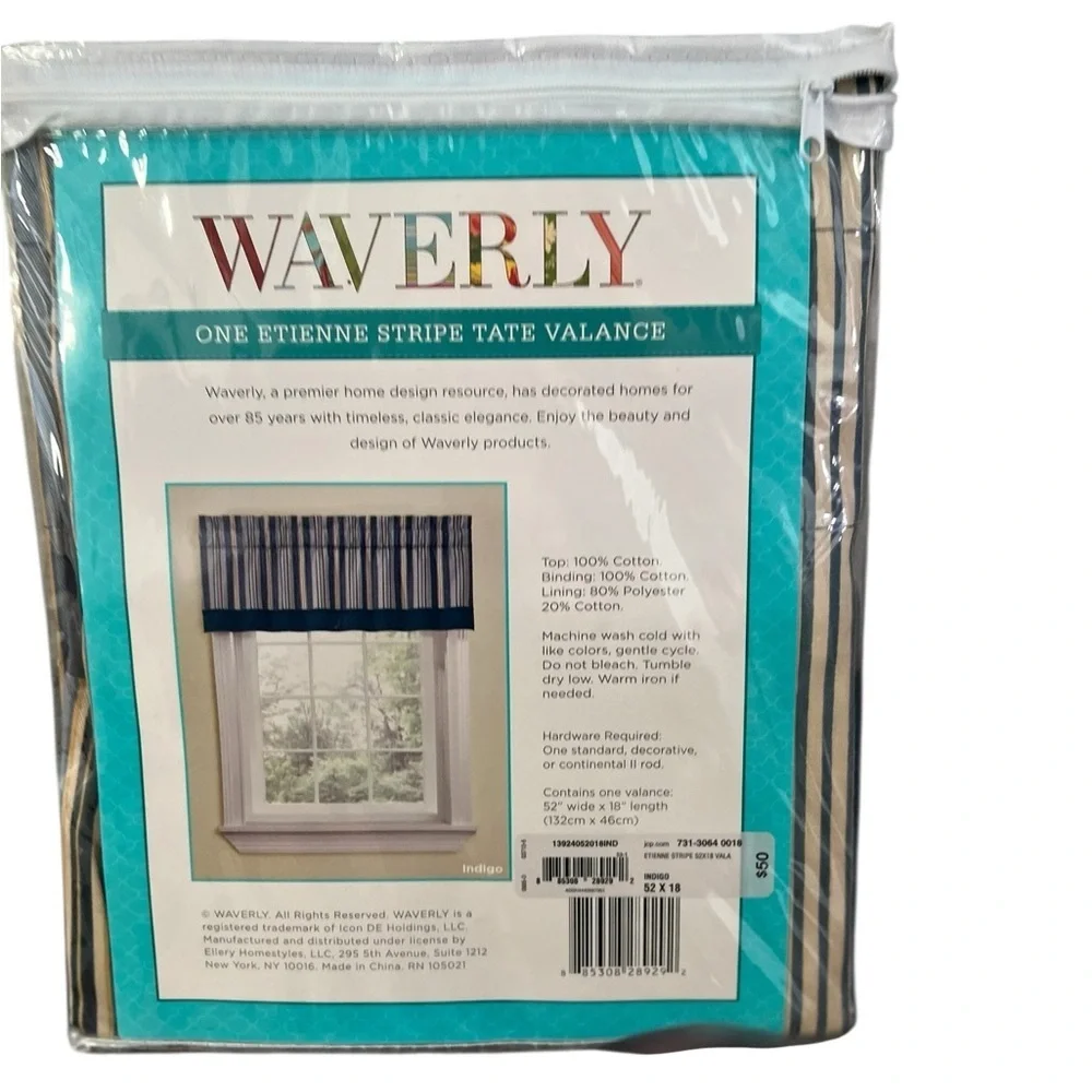 Waverly Etienne Stripe Tate Rod Pocket Valance 52 W x 18 L Indigo New $50